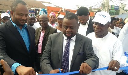 ‎(L-r): Olufemi Odubiyi, commissioner of Science and Technology, Lagos State; Chidi Okonkwo, MD of Tecno Telecoms Limited and Niyi Olasoyi, CDA chairman, flanked by other guests at the official launching of Tecno's CSR project in Ikeja, Lagos.